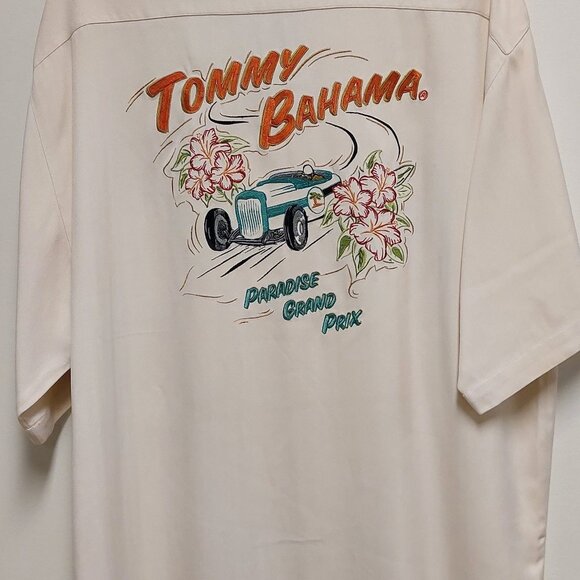 Vintage 90’s Tommy Bahama Cream 100% Silk S/S Camp Shirt w/Paradise Grand Prix - Picture 3 of 8